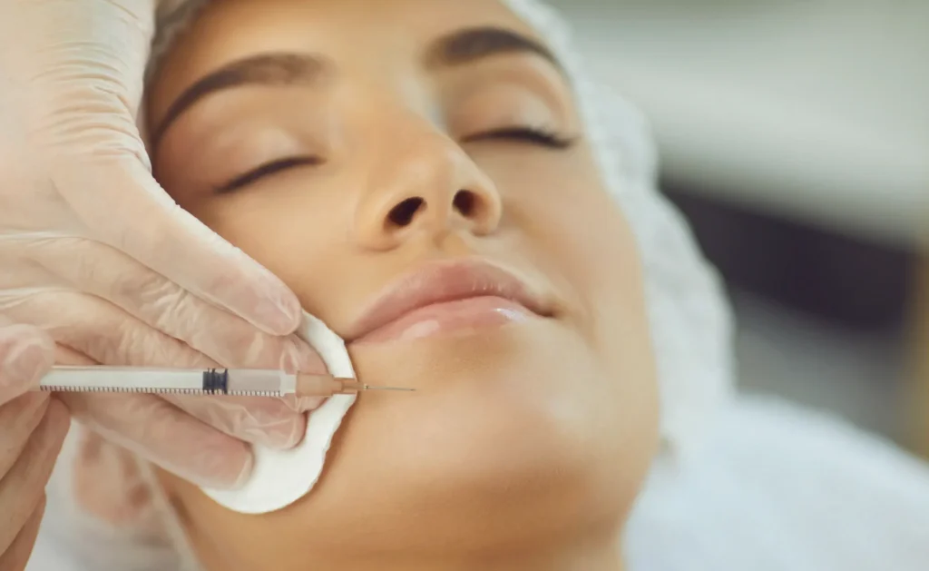 Close-up of a woman receiving chin filler injection from a professional wearing pink gloves for facial contour enhancement.